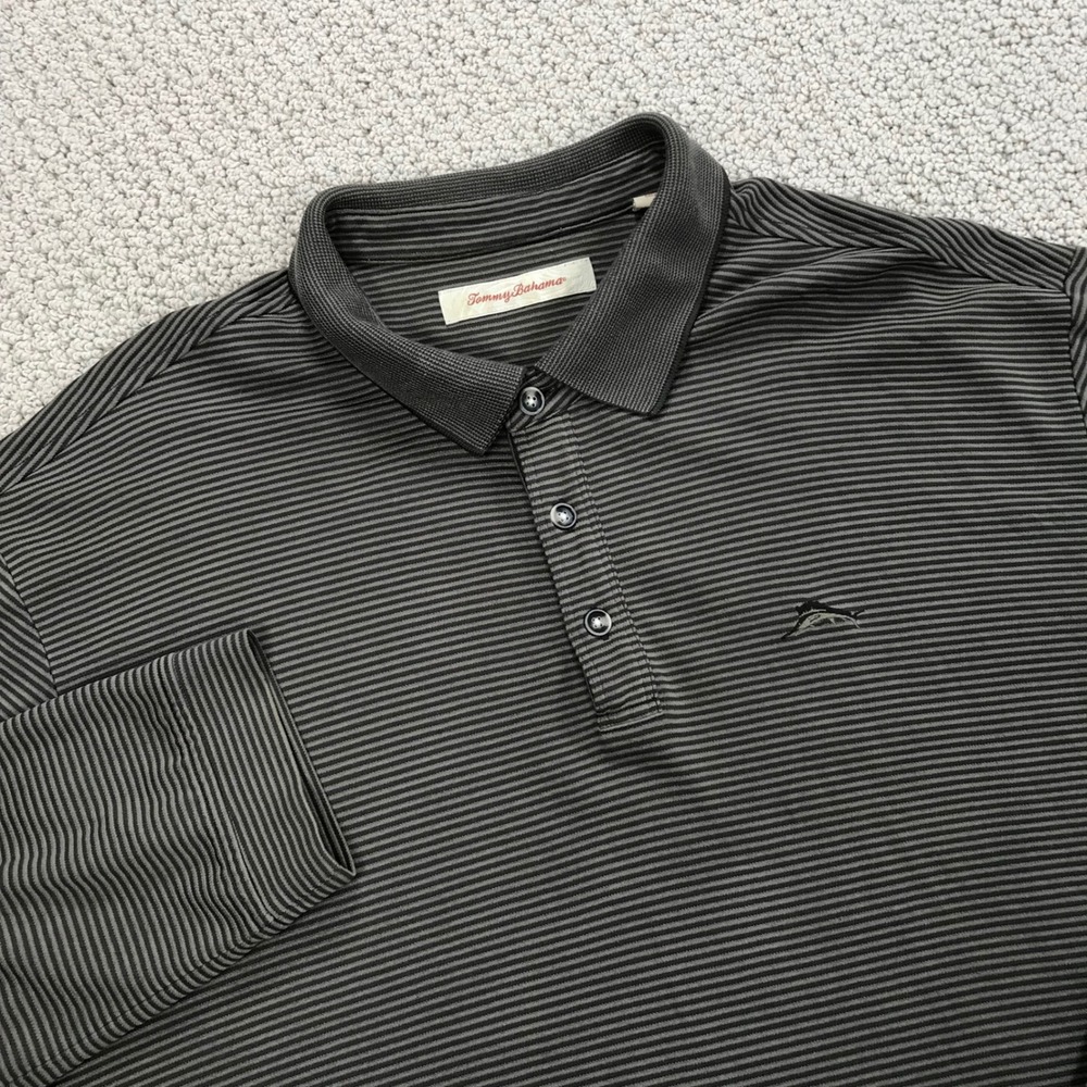 Tommy Bahama Mens XL Long Sleeve Polo Shirt Gray Striped Modal Blend Marlin